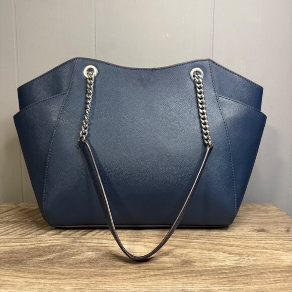 MICHAEL KORS Jet Set Chain Tote Shoulder Bag In Navy Blue Leather - Picture 6 of 10